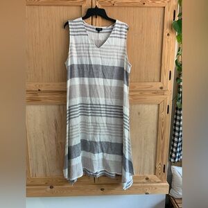 Toofan Beige and White Striped V-Neck Linen Sleeveless Dress Sz XL